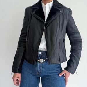 BCBG Maxazria Leather Bomber Jacket Womens Medium Black Moto NO ZIPPER Faux Fur